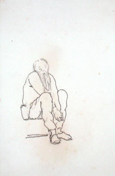 A művész önarcképe, ülve, kezével a térde között, egy rajzalbumból (ceruza papíron) alkotó: Edward Coley Burne Jones