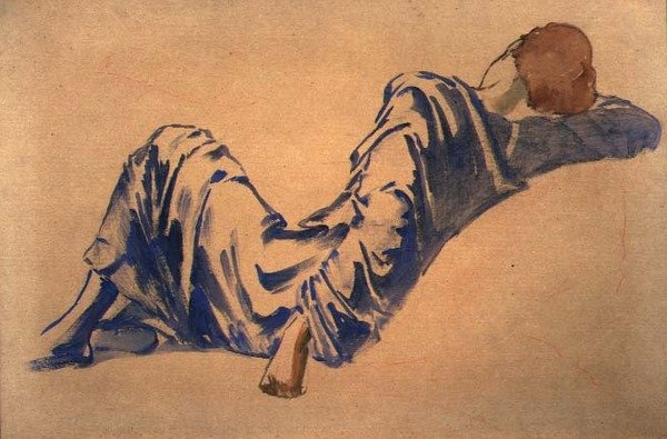Tanulmány egy alvó udvaroncról a Briar Rose sorozathoz: A tanácsterem (akvarell piros krétával papíron) alkotó: Edward Coley Burne Jones
