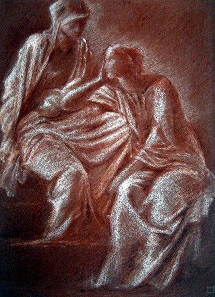 Női alakok tanulmányozása (piros-fehér kréta papíron) alkotó: Edward Coley Burne Jones