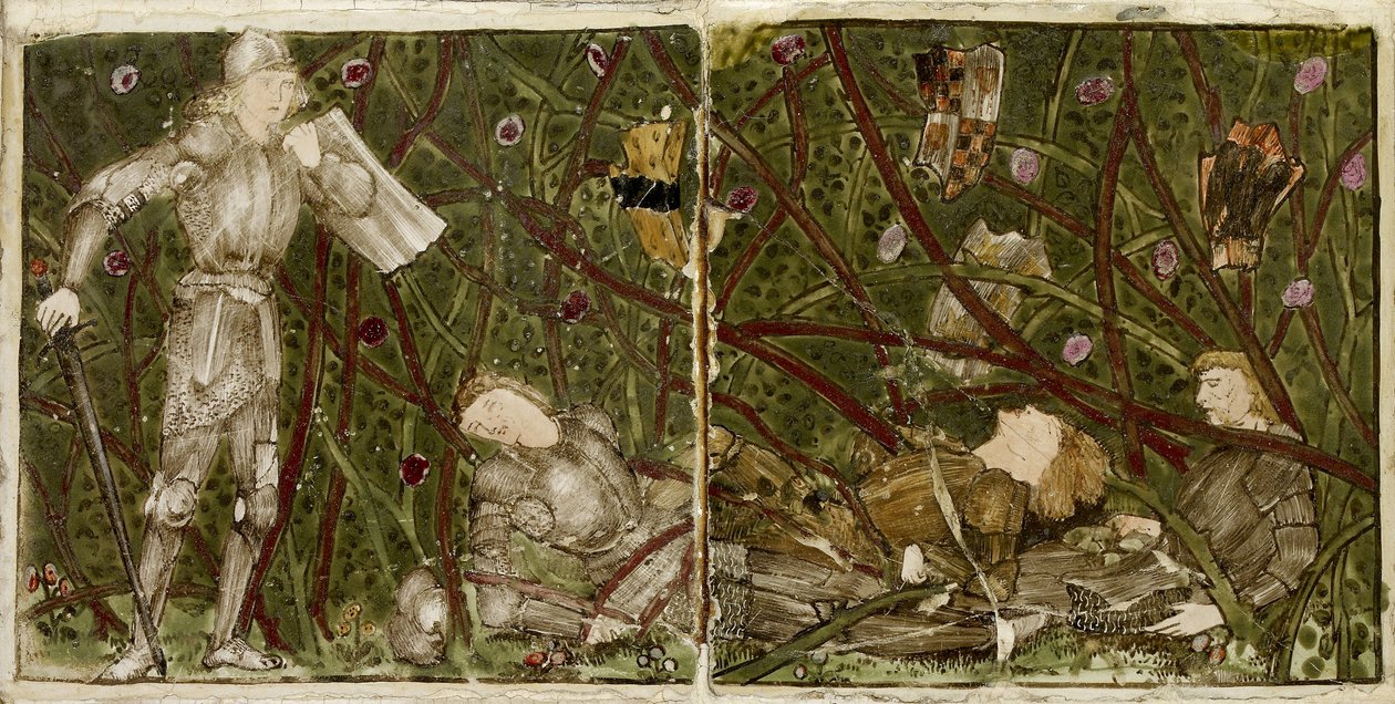 Tizenhat csempéből álló készlet, párokba rendezve a „Briar Rose” (1862-1865) mese nyolc illusztrációjaként (kerámia) alkotó: Edward Burne Jones