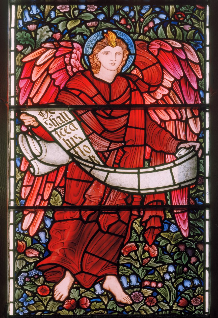 Angyal tekercset tart, keleti ablak, 1880 (festett üveg) alkotó: Edward Burne Jones