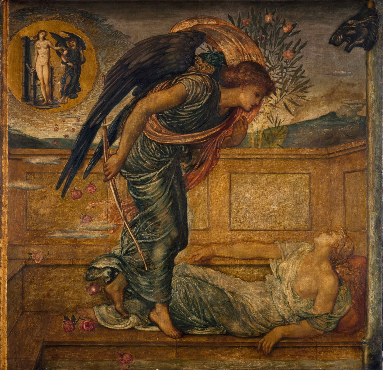 Ámor és psziché – Palotai zöld falfestmények – Ámor megtalálja a Psyche-t, aki egy szökőkútnál alszik, 1881 alkotó: Edward Burne Jones