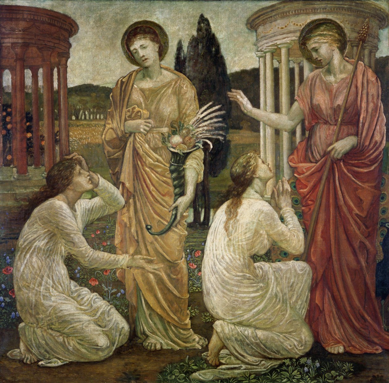 Ámor és Psyche – Palotai zöld falfestmények – Psyche Juno és Ceres szentélyénél, 1881 alkotó: Edward Burne Jones
