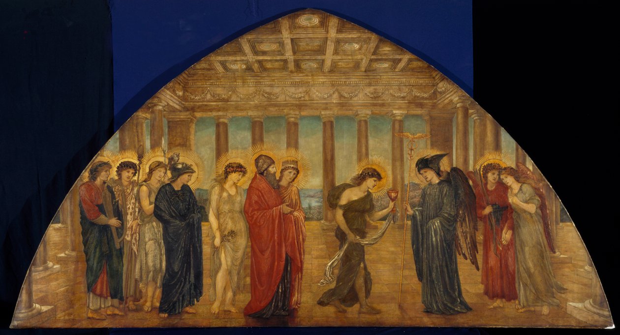Cupido és Psyche – Palotai zöld falfestmények – Psyche belép az Olimposz portáljára, 1881 alkotó: Edward Burne Jones