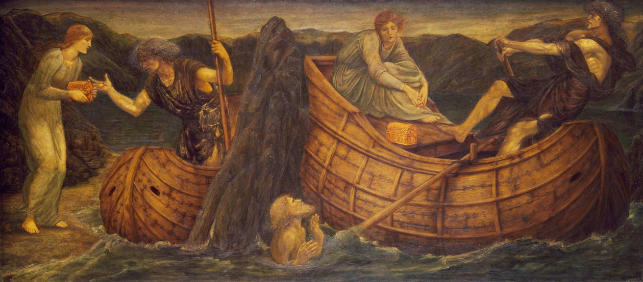 Ámor és Psyche – Palotai zöld falfestmények – Psyche, aki az érmét adja a Styx révészének, 1881 alkotó: Edward Burne Jones