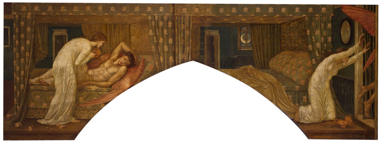 Ámor és Psyche - Palotai zöld falfestmények - Lámpát tartó lélek az alvó Ámor és Psyche elhagyott arcára néz, 1881 alkotó: Edward Burne Jones