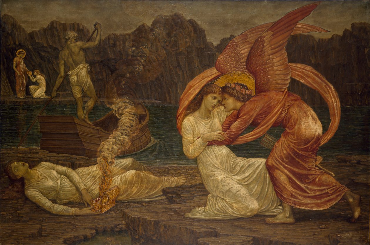 Cupido és Psyche – Palotai zöld falfestmények – Psyche kapja a koporsót Proserpine-től, 1881 alkotó: Edward Burne Jones