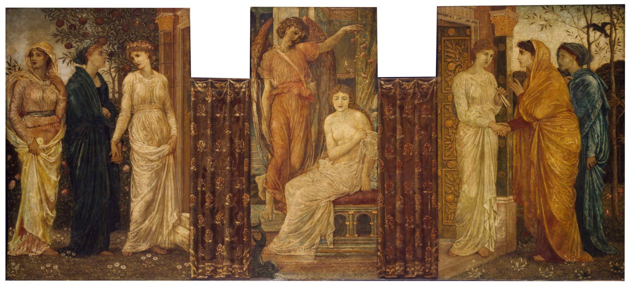 Cupido és Psyche – Palotai zöld falfestmények – Psyche nővérei meglátogatják Ámor házában, 1881 alkotó: Edward Burne Jones