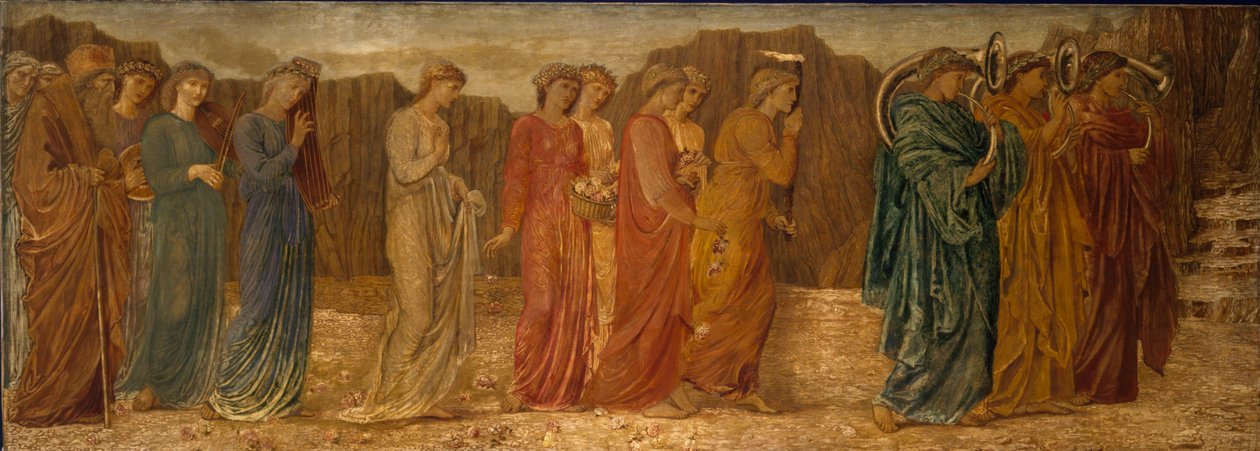 Ámor és Psyche – Palotai zöld falfestmények – A király és más gyászolók elhagyják Psyche-t a szörnyetegnek, 1881 alkotó: Edward Burne Jones