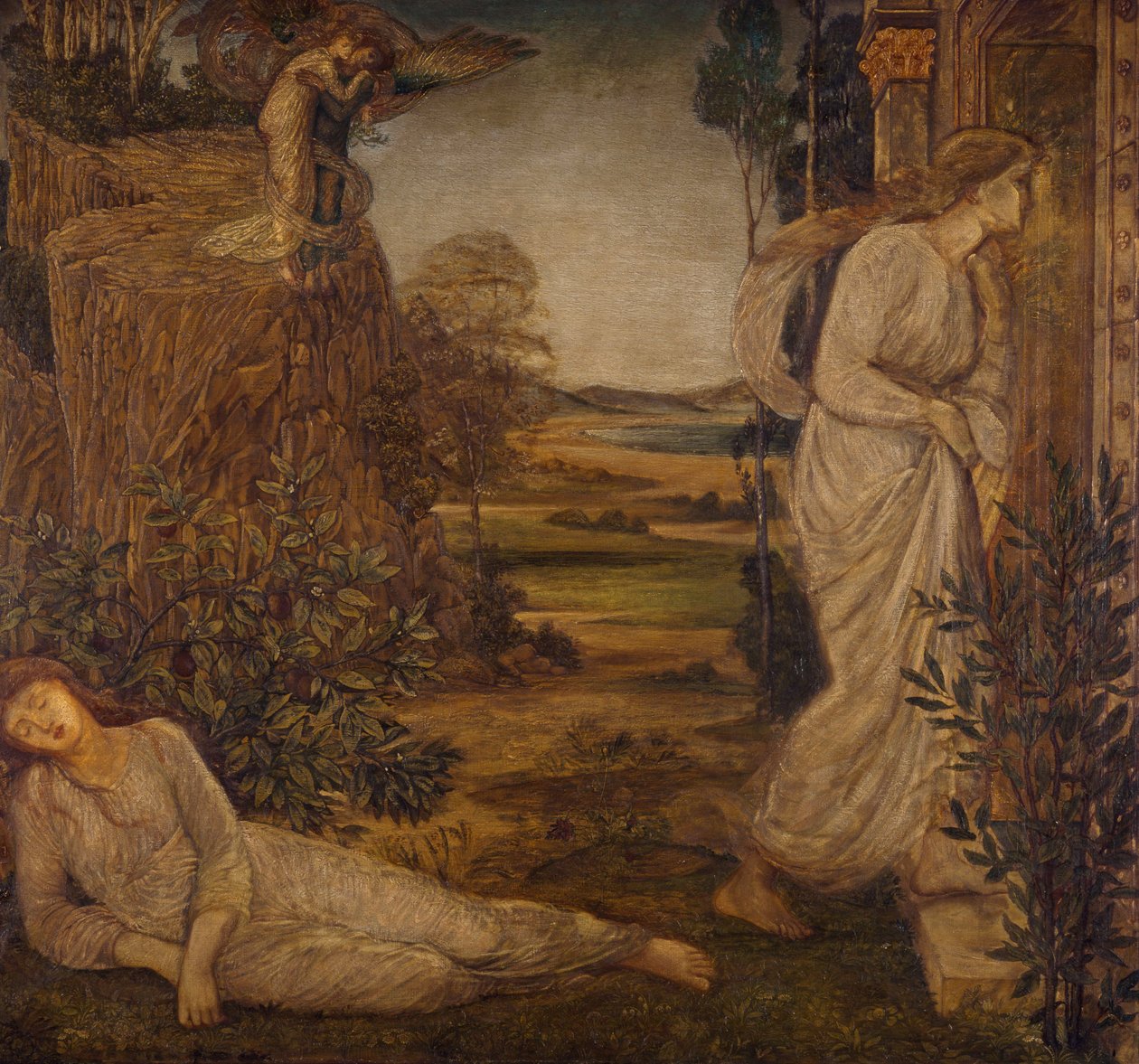 Ámor és Psyche – Palota zöld falfestményei – Zephyrus Bearing Psyche to the Mountain, 1881 alkotó: Edward Burne Jones