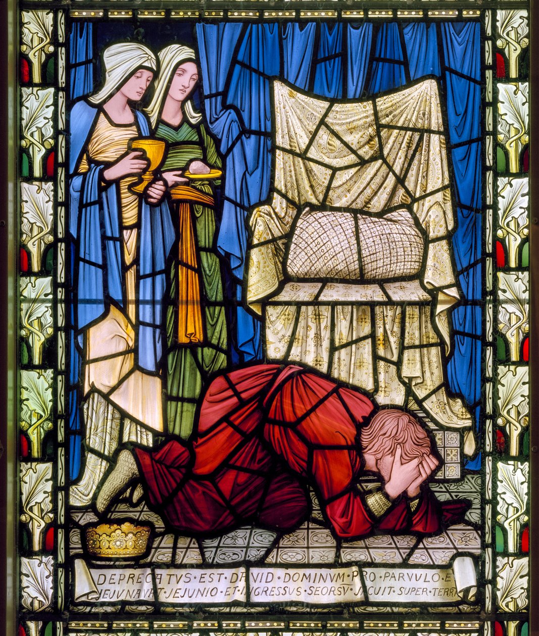 Dávid király sírva imádkozik beteg gyermeke életéért, majd lelkiismeretesen fogadja a gyermek halálát, 1896 körül (festett üveg) alkotó: Edward Burne Jones