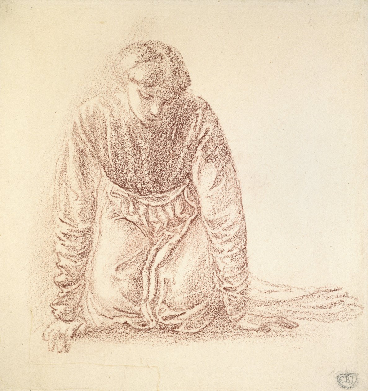 Térdelő nőfigura (sötétvörös kréta fehér papíron) alkotó: Edward Burne Jones