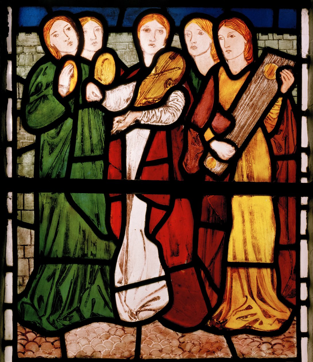 Zenészlányok, a Salamon énekéből, 1862 (festett üveg) alkotó: Edward Burne Jones