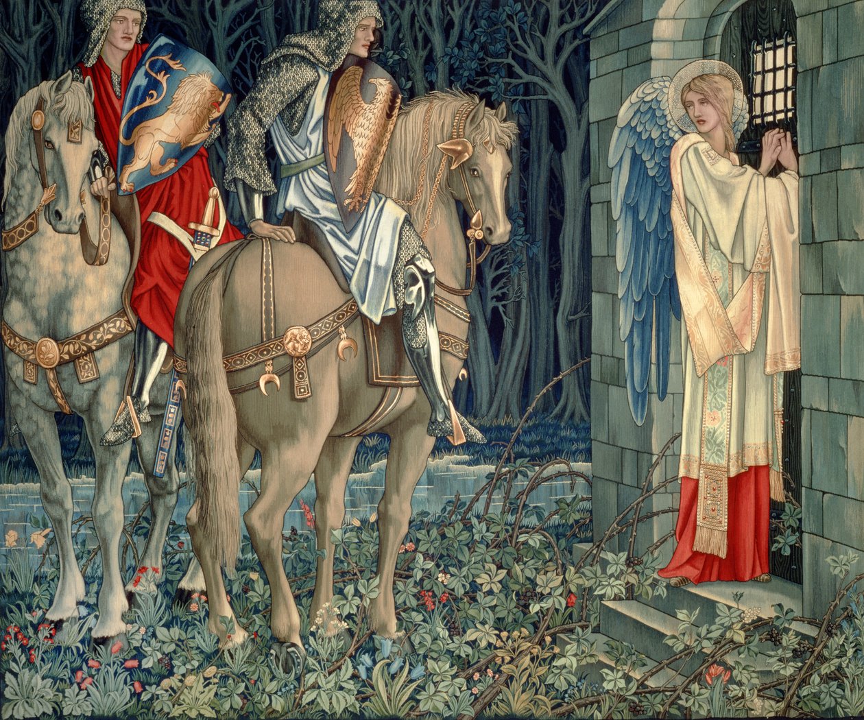 Quest for the Holy Grail Tapestries - 3. panel - Sir Gawaine kudarca; Sir Gawaine és Sir Uwaine a romkápolnában, 1895-96 alkotó: Edward Burne Jones