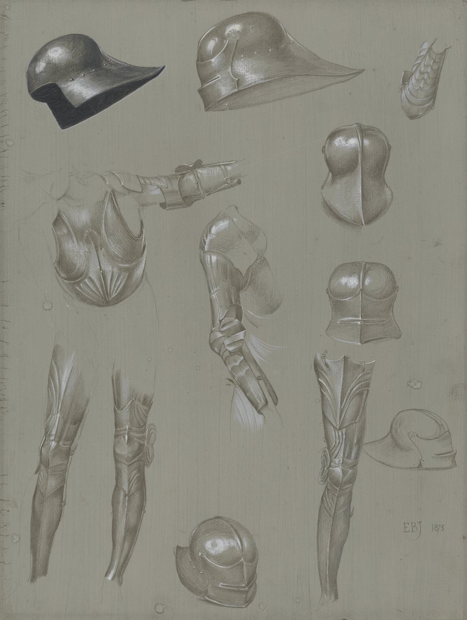 Studies of a Suit of Armour, 1875 (grafit, mosó, wc és testszín papíron) alkotó: Edward Burne Jones
