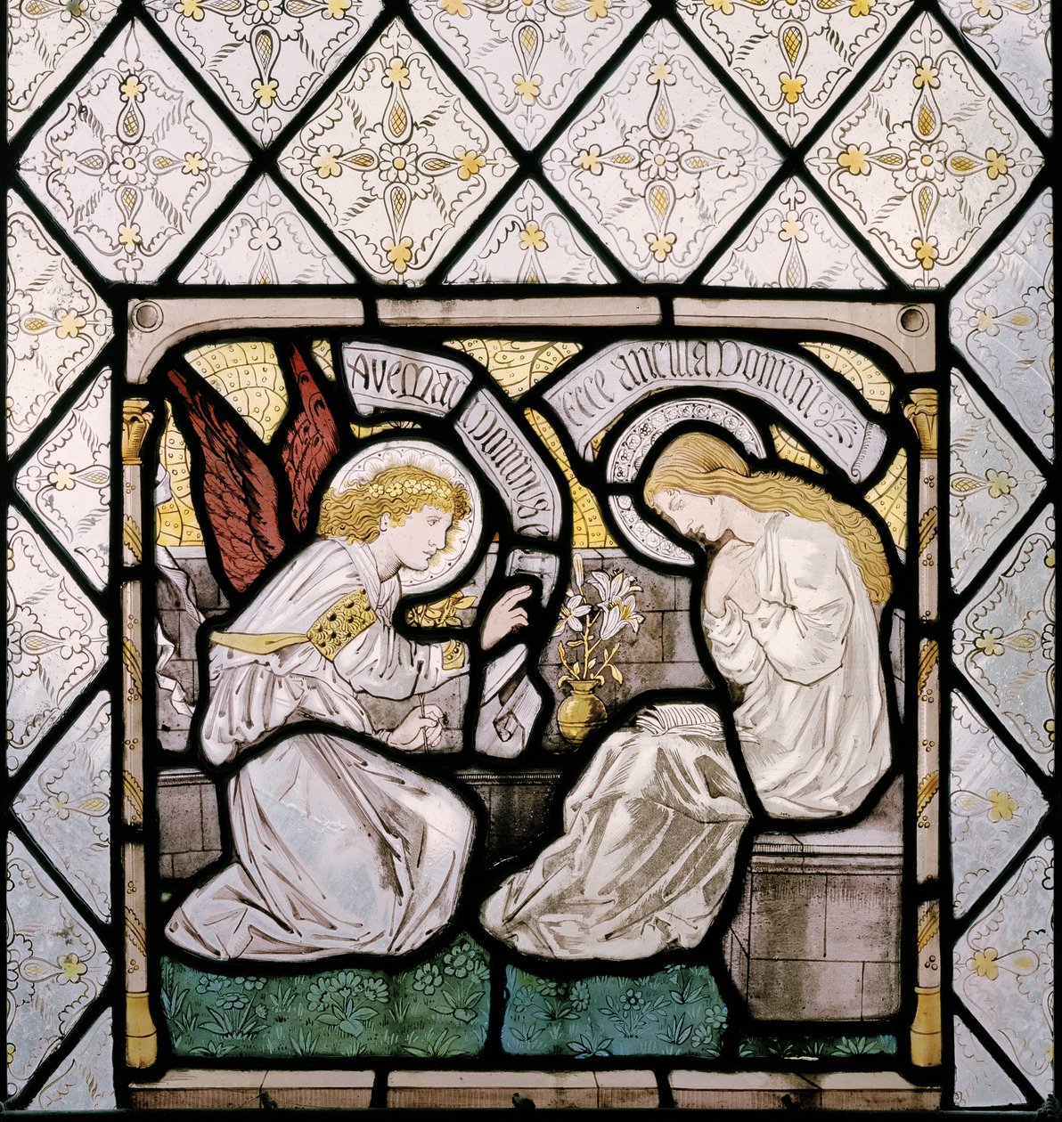 Angyali üdvözlet, részlet a keleti ablakból, 1865 (festett üveg) alkotó: Edward Burne Jones