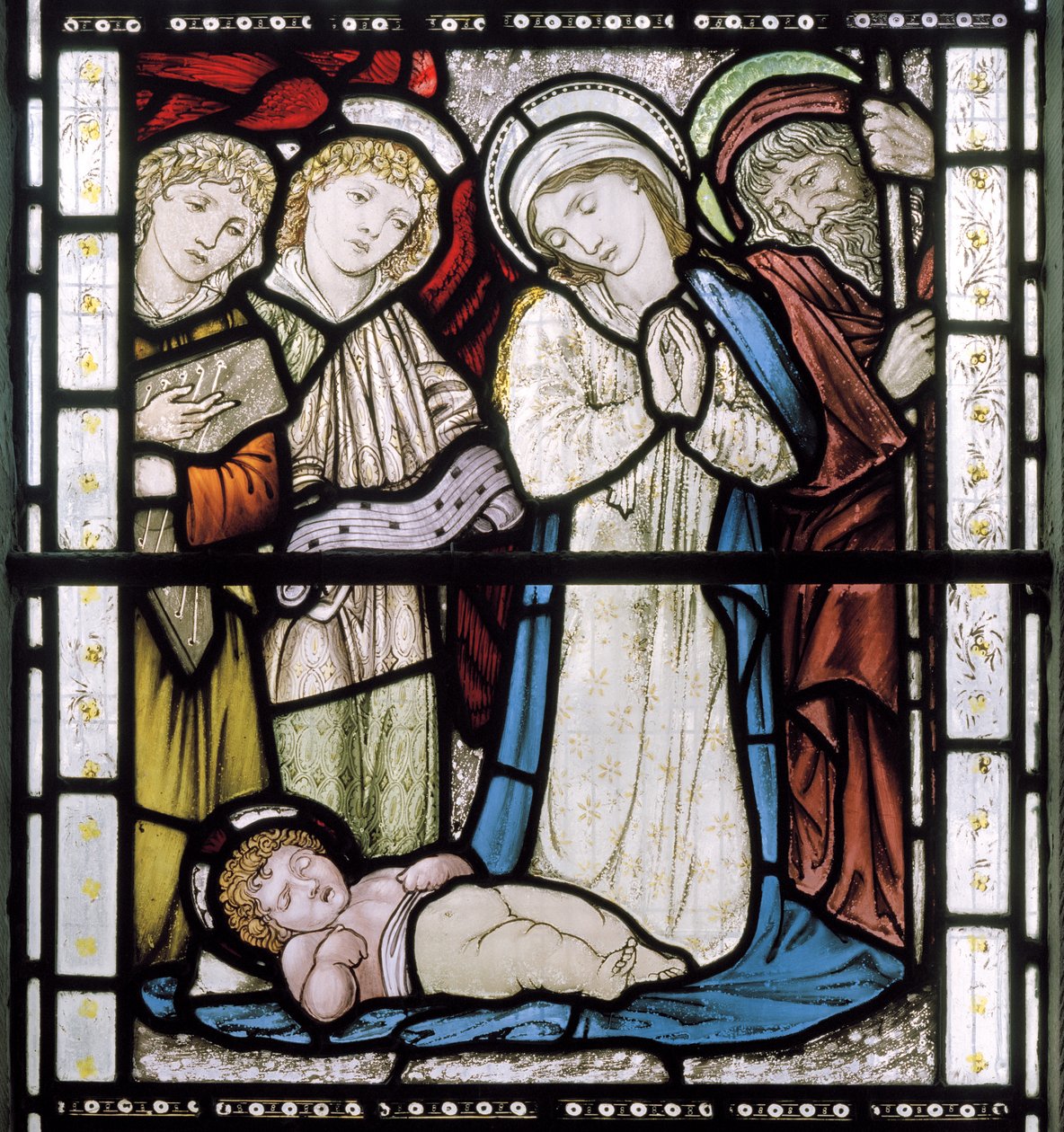 Születés, 1877 (festett üveg) alkotó: Edward Burne Jones