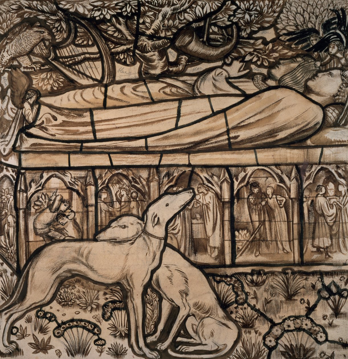 Tristram és Iseult sírja, rajzfilm ólomüveghez, 1862 alkotó: Edward Burne Jones