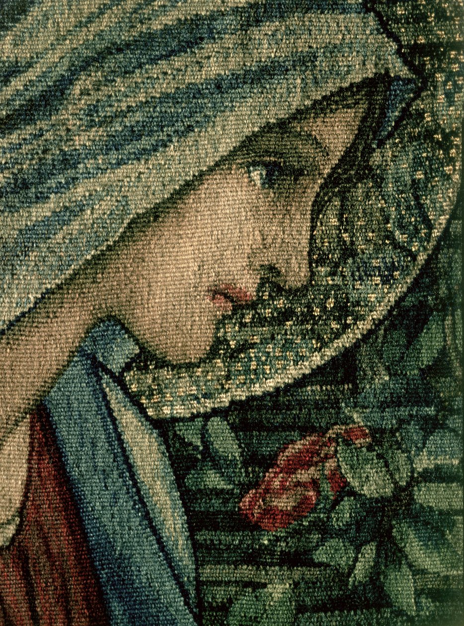 A szüzek arca, részlet a The Adoration of the Magi-ból, William Morris és társai, Merton Abbey kézzel szőtt gyapjú kárpit részlete 74333 alkotó: Edward Burne Jones