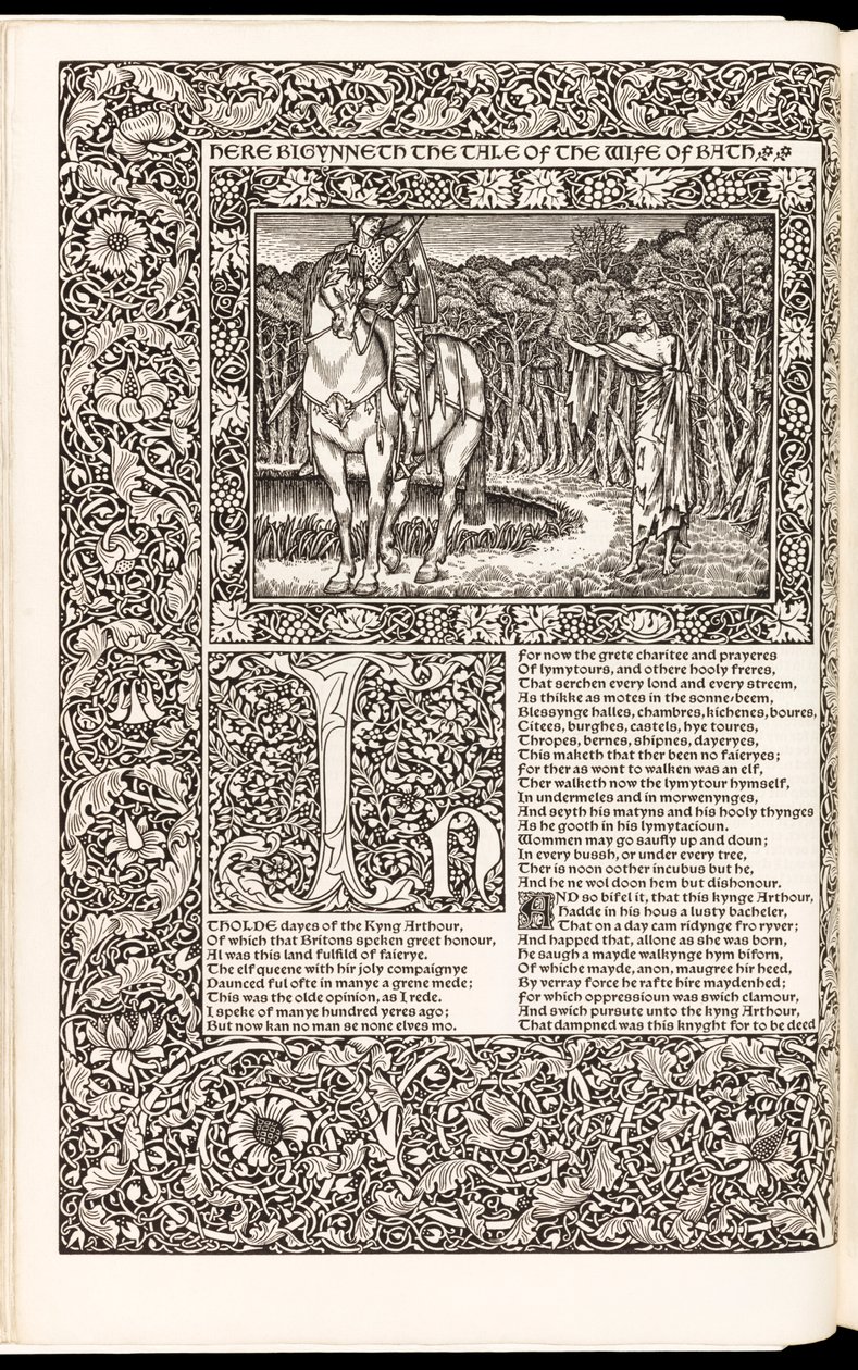 Geoffrey Chaucer „Geoffrey Chaucer munkái most új impresszumokkal”, a Kelmscott Press kiadó 1896-ban (fametszet) alkotó: Edward Burne Jones