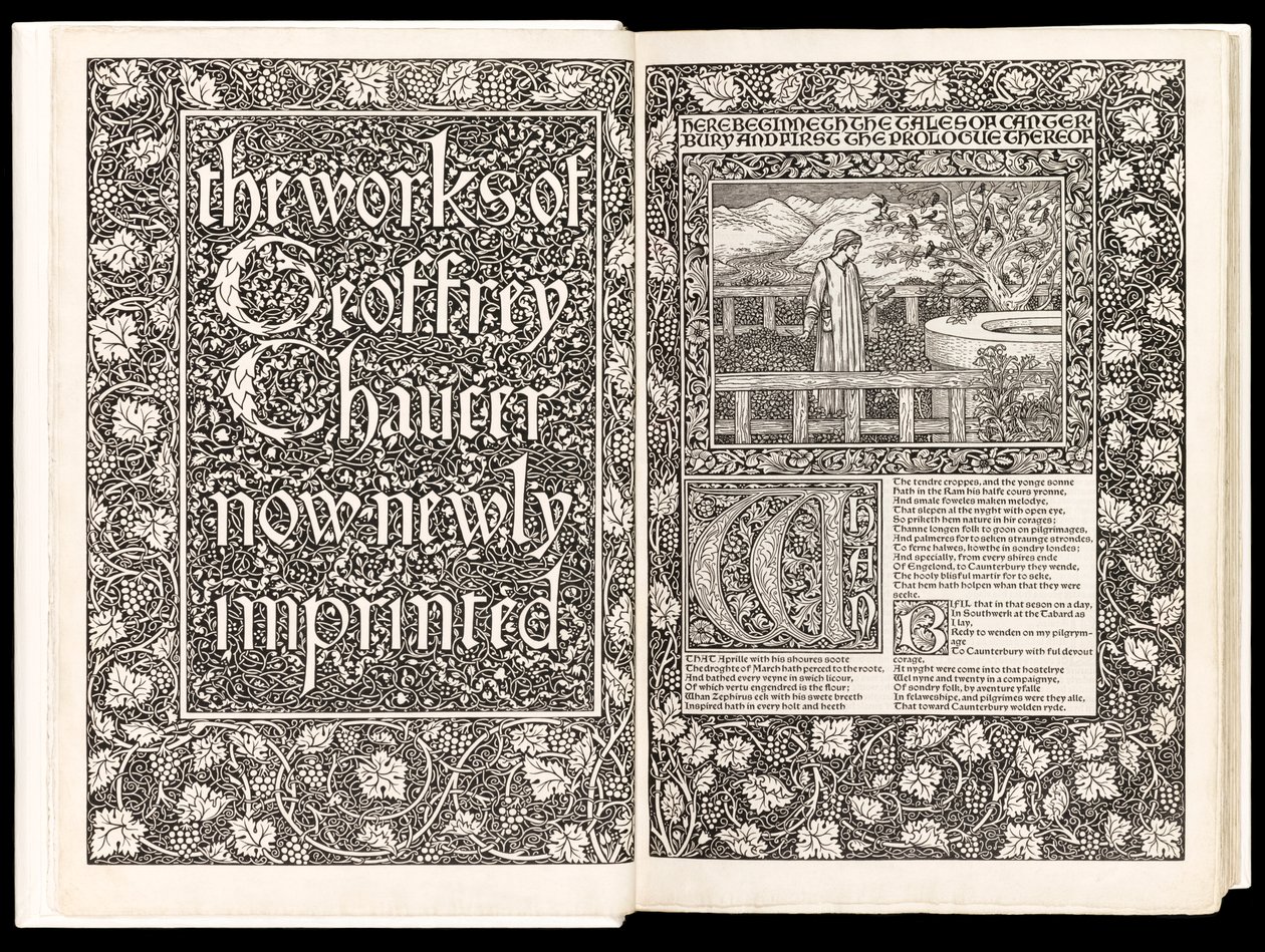 Geoffrey Chaucer „Geoffrey Chaucer munkái most új impresszumokkal”, a Kelmscott Press kiadó 1896-ban (fametszet) alkotó: Edward Burne Jones