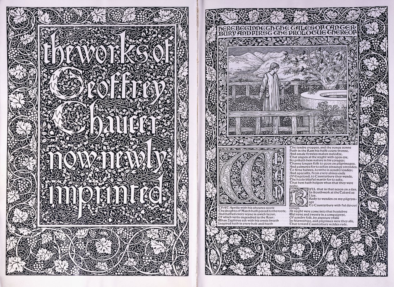 Címlap és nyitóoldal a Kelmscott Press kiadásából, a "The Works of Geoffrey Chaucer", 1896 alkotó: Edward Burne Jones
