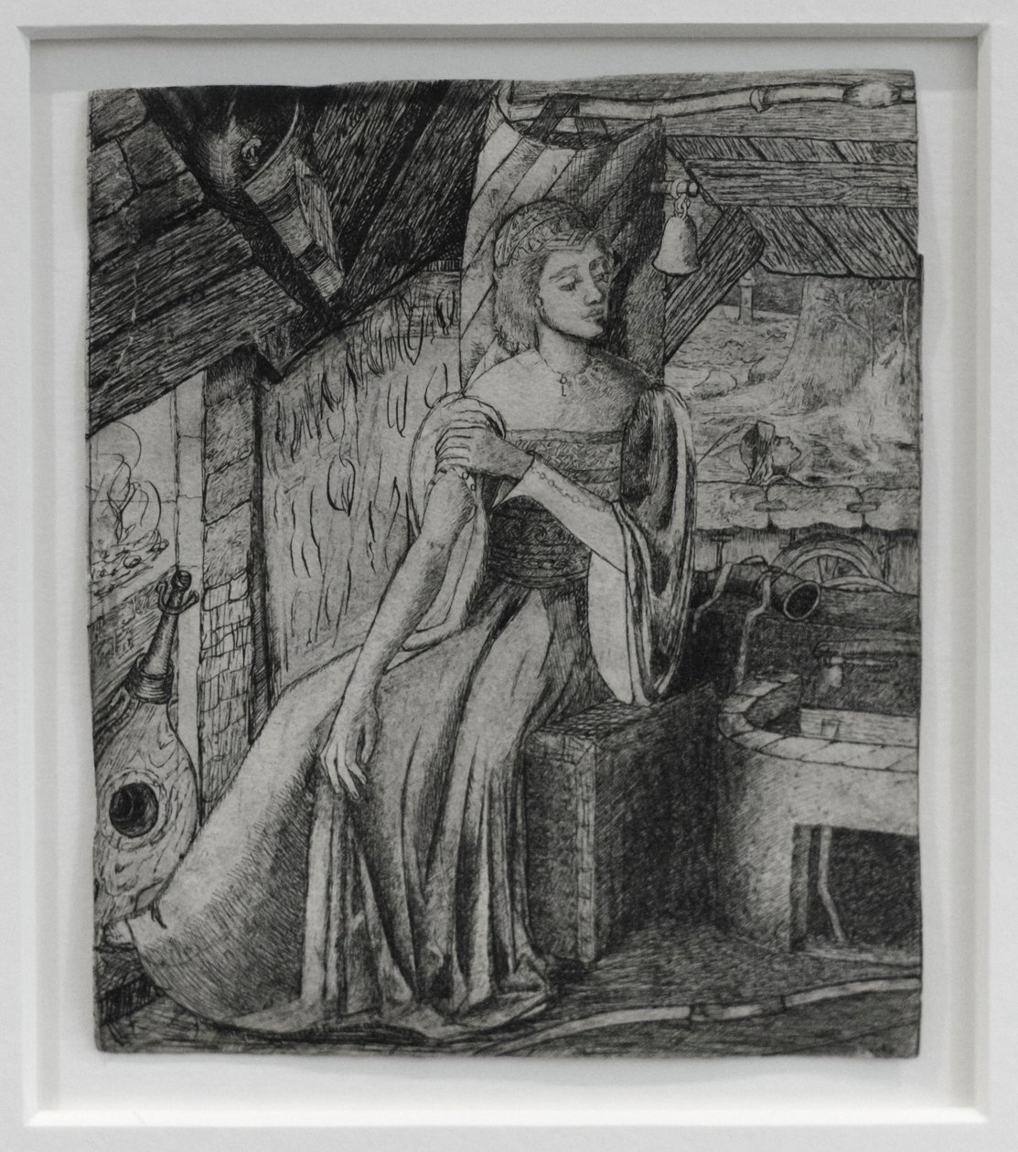 Azonosítatlan téma, valószínűleg Ámor lánya a kovácsműhely mellett, 1857 körül (toll, ceruza, papír) alkotó: Edward Coley Burne Jones
