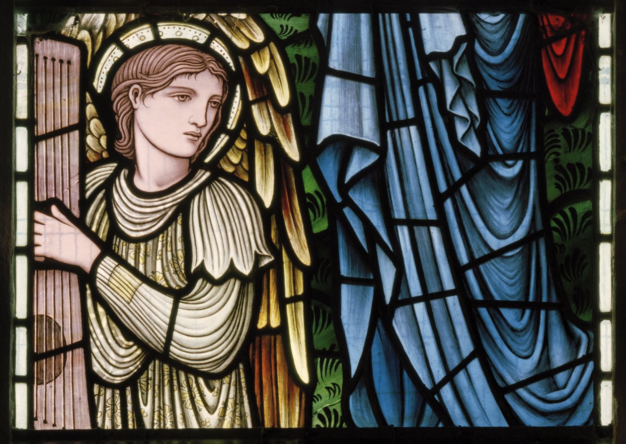 Wilden, All Saints, Morris & Co., Edward Burne-Jones, John Henry Dearle (1859-1932), Angels Of Paradise, Angel Musicians, részlet, 1902-1914, Louisa, Alfred, The Baldwins, miniszterelnök, metodista, Wo alkotó: Edward Coley and Dearle Burne-Jones