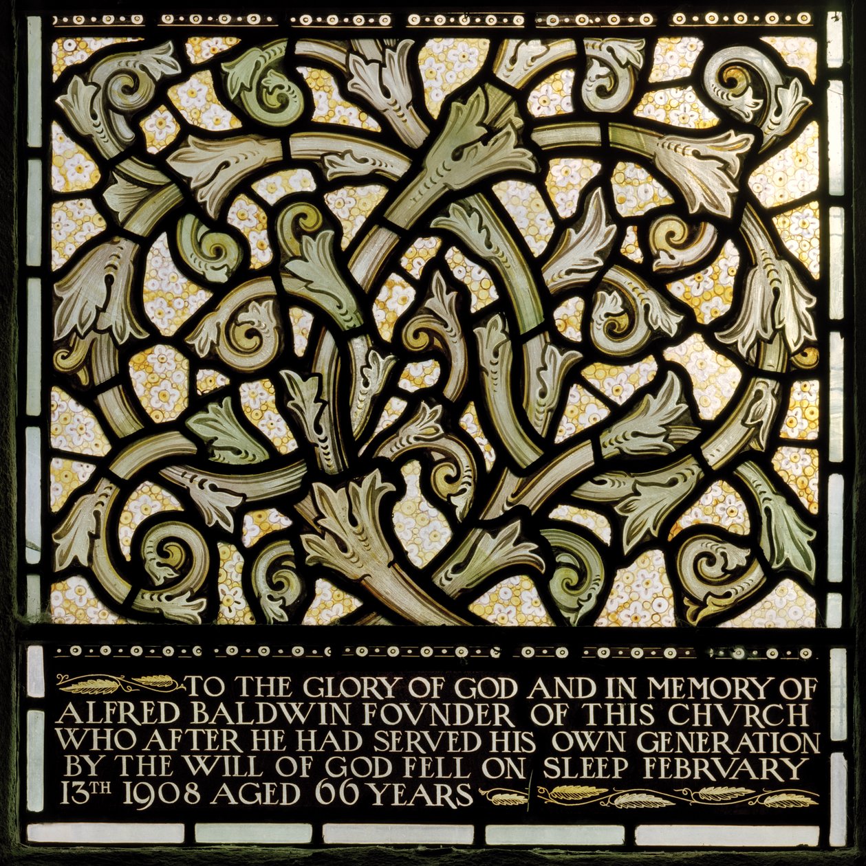 Wilden, All Saints, Morris & Co., Edward Burne-Jones, John Henry Dearle (1859-1932), Dedikáció Alfred Baldwinnak a Joshua ablakból, 1902-1914, Louisa, The Baldwins, miniszterelnök, metodista, Wo alkotó: Edward Coley and Dearle Burne-Jones