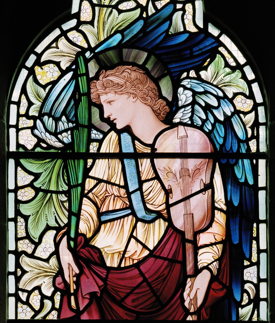 Wilden, All Saints, Morris & Co., Edward Burne-Jones, John Henry Dearle (1859-1932), The Minstrel Angel, Angel Musician, részlet, 1902-1914, Louisa, Alfred, The Baldwins, miniszterelnök, metodista, Wor alkotó: Edward Coley and Dearle Burne-Jones