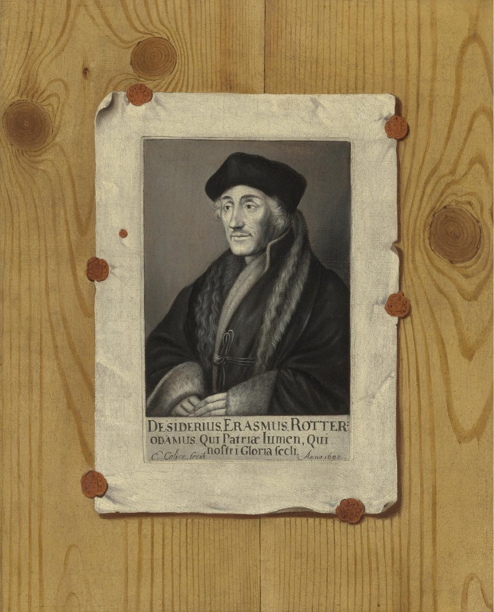 Trompe loeil Csendélet Rotterdami Erasmus metszetével, 1693 alkotó: Edward Collier