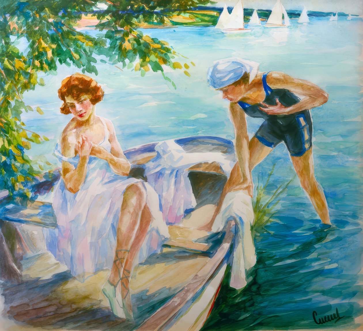 Nyári nap a tónál két fiatal hölggyel egy csónakban alkotó: Edward Cucuel