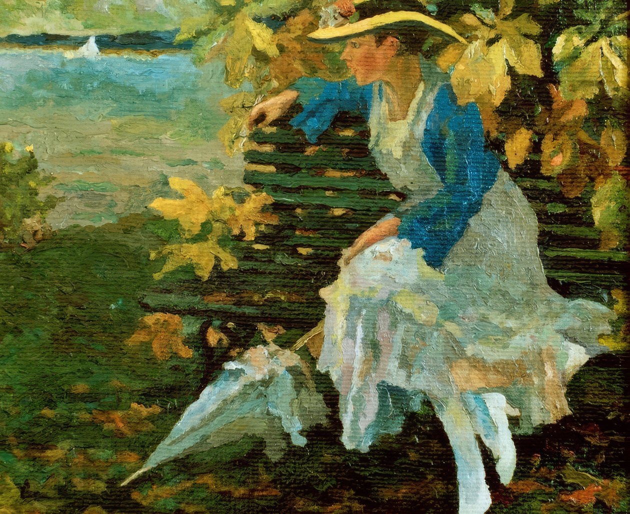 Nő egy parkban padon egy tó mellett alkotó: Edward Cucuel