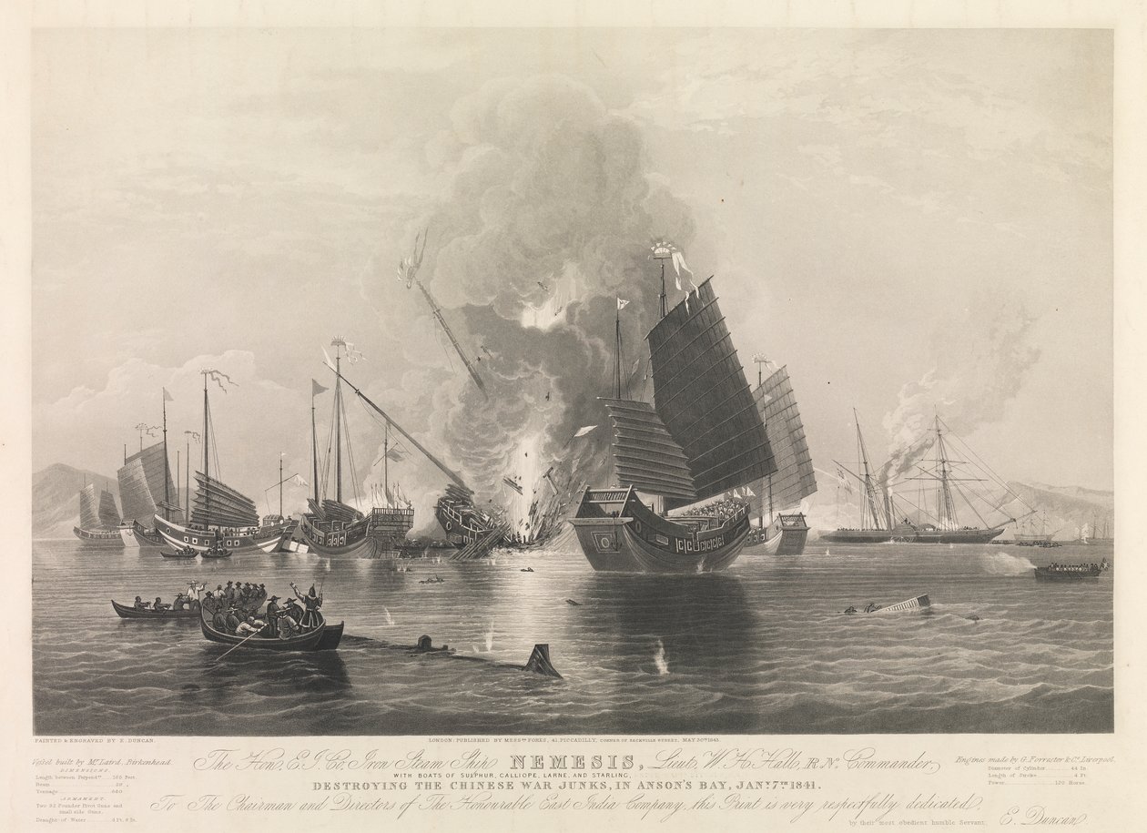 A Hon. E.I. Co. vas gőzhajó Nemesis, ... a Sulphur, Calliope, Larne és Starling csónakokkal, megsemmisítve a kínai háborús dzsunkákat, az Anson-öbölben, 1841. jan. 7-én (Chuenpee Kanton közelében). alkotó: Edward Duncan