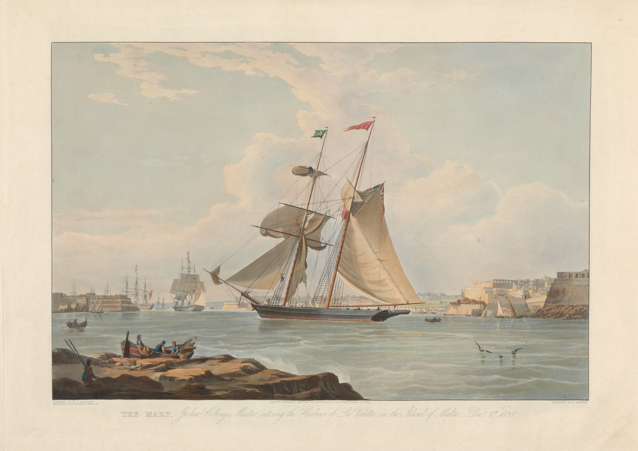 A Mary, Joshua Collings kapitánnyal, La Valletta kikötőjébe érkezve Málta szigetén, 1835. dec. 5. alkotó: Edward Duncan