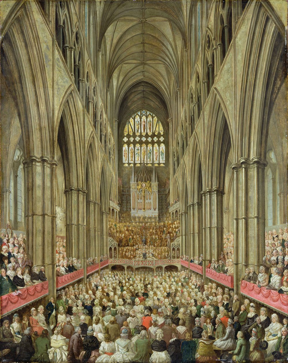A Westminster-apátság belső képe Handel centenáriumának megemlékezésén, a menedzser dobozából, 1793 körül alkotó: Edward Edwards