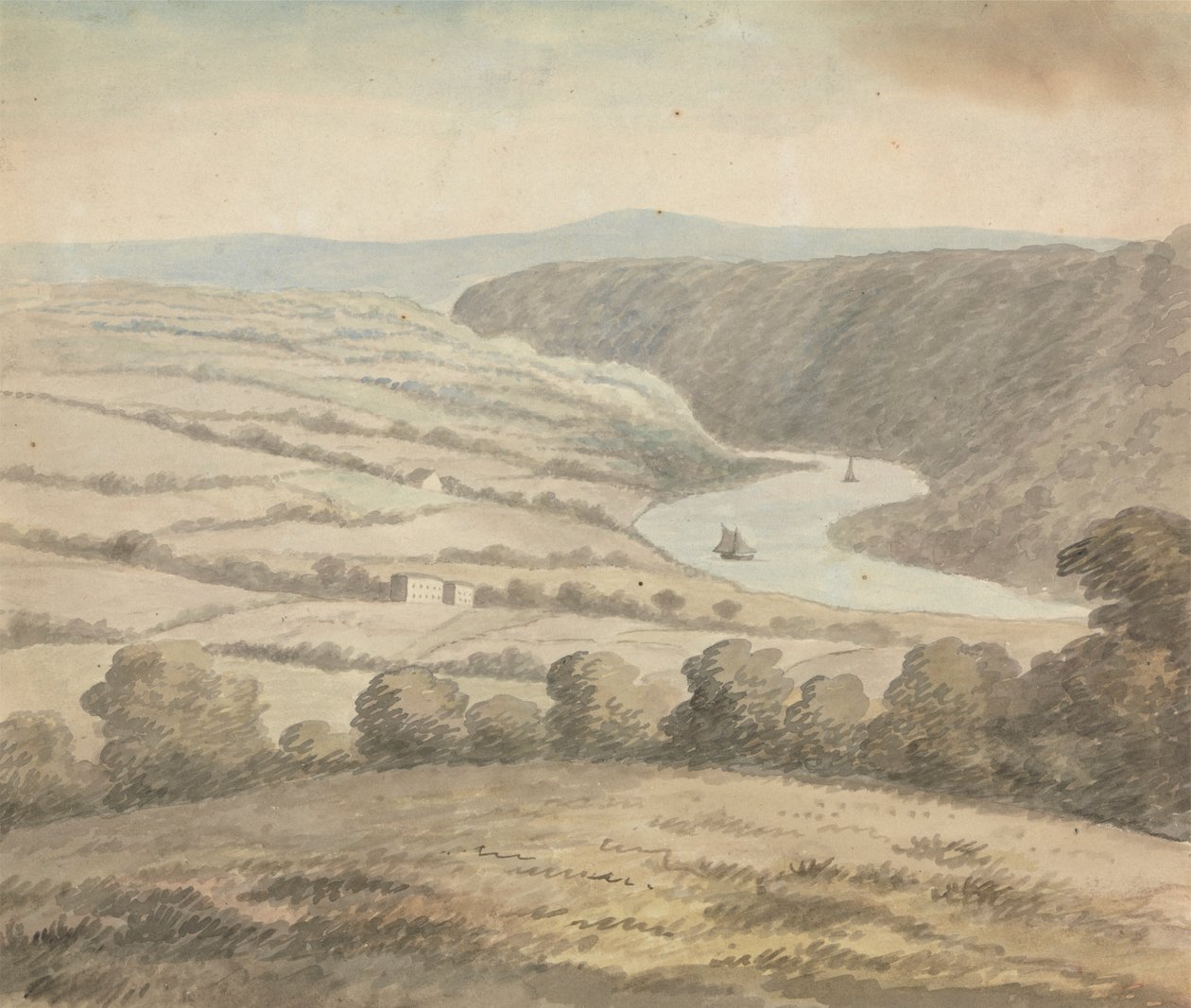 Folyói táj csónakokkal alkotó: Edward Francis Burney