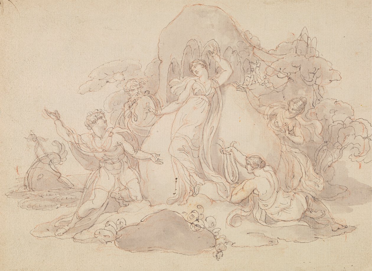 Telemachus és Mentor partraszállás Calypso szigetén alkotó: Edward Francis Burney