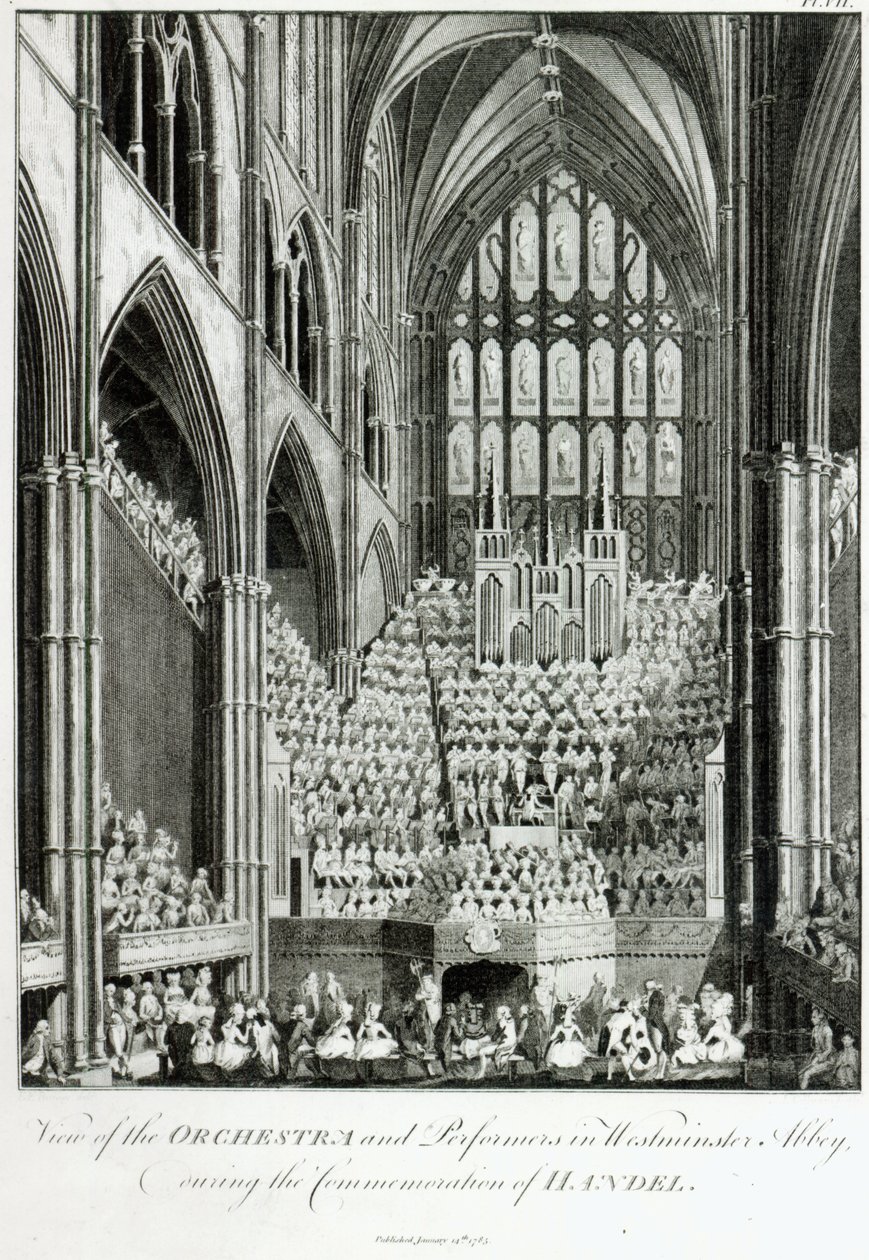 Kilátás a zenekarról és az előadókról a Westminster Abbey-ben, Händel emlékünnepsége idején, Charles Burney, 1785 alkotó: Edward Francis Burney