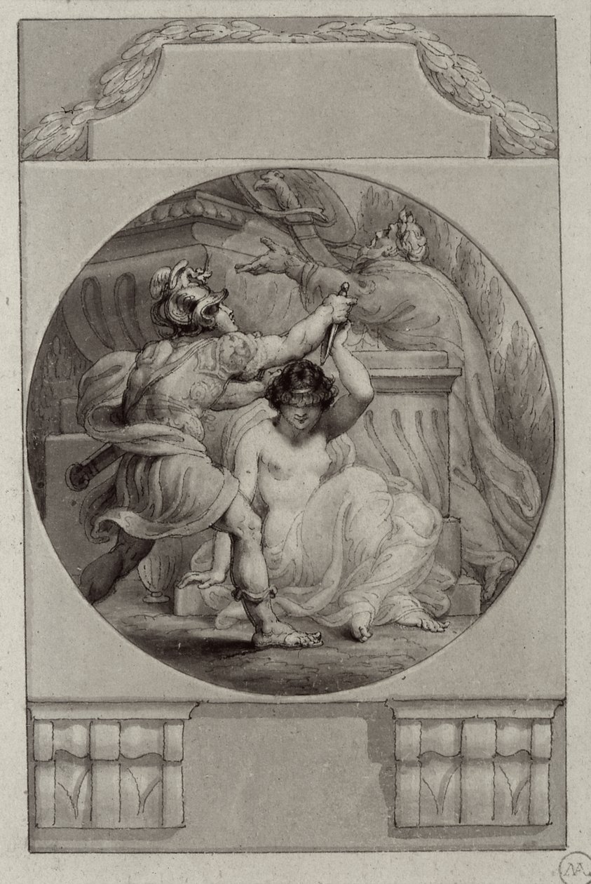 Harcos feláldoz egy fiatal nőt (rajz) alkotó: Edward Francis Burney