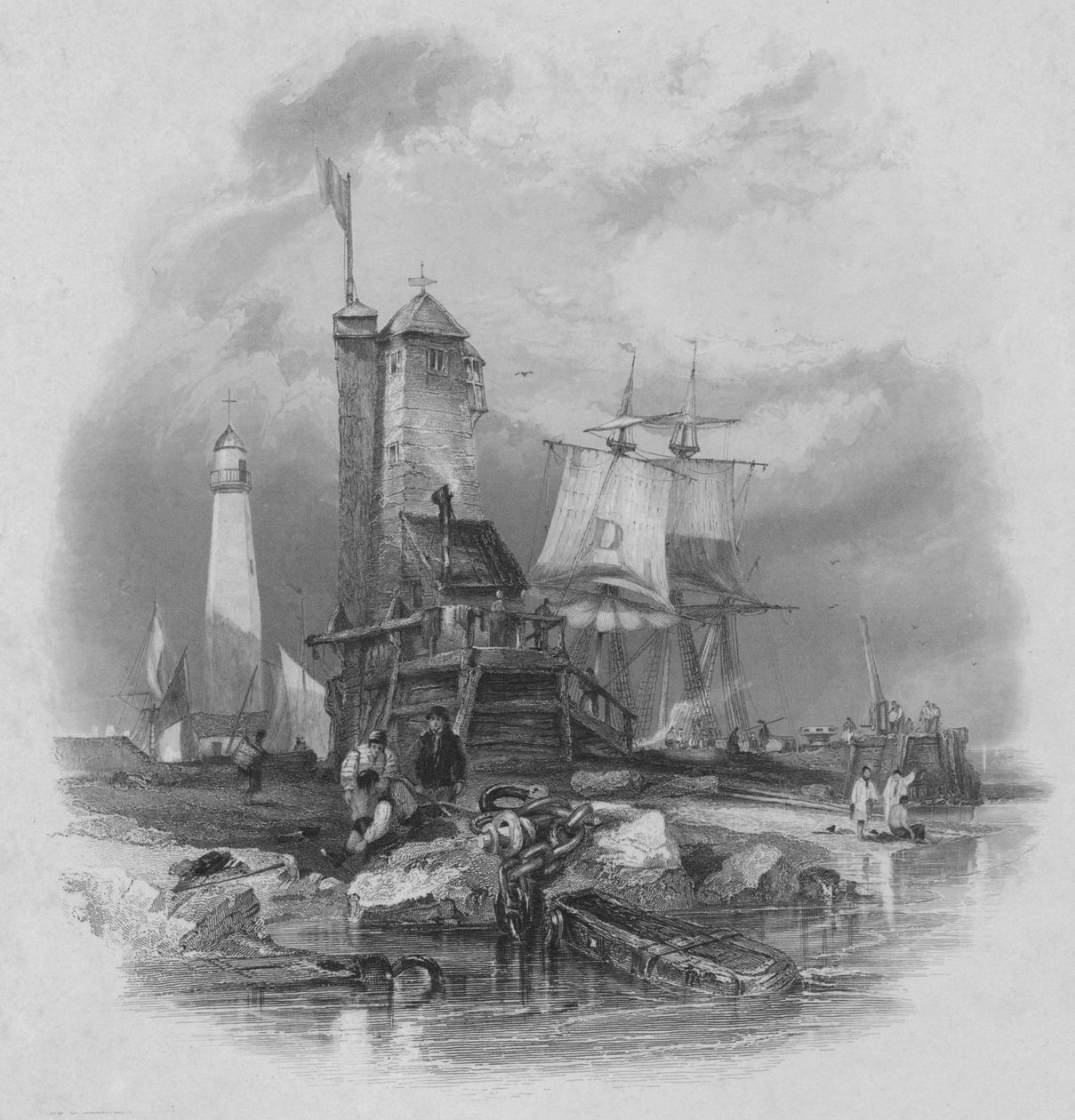Sunderland: világítóház a déli mólón, 1836 alkotó: Edward Francis Finden