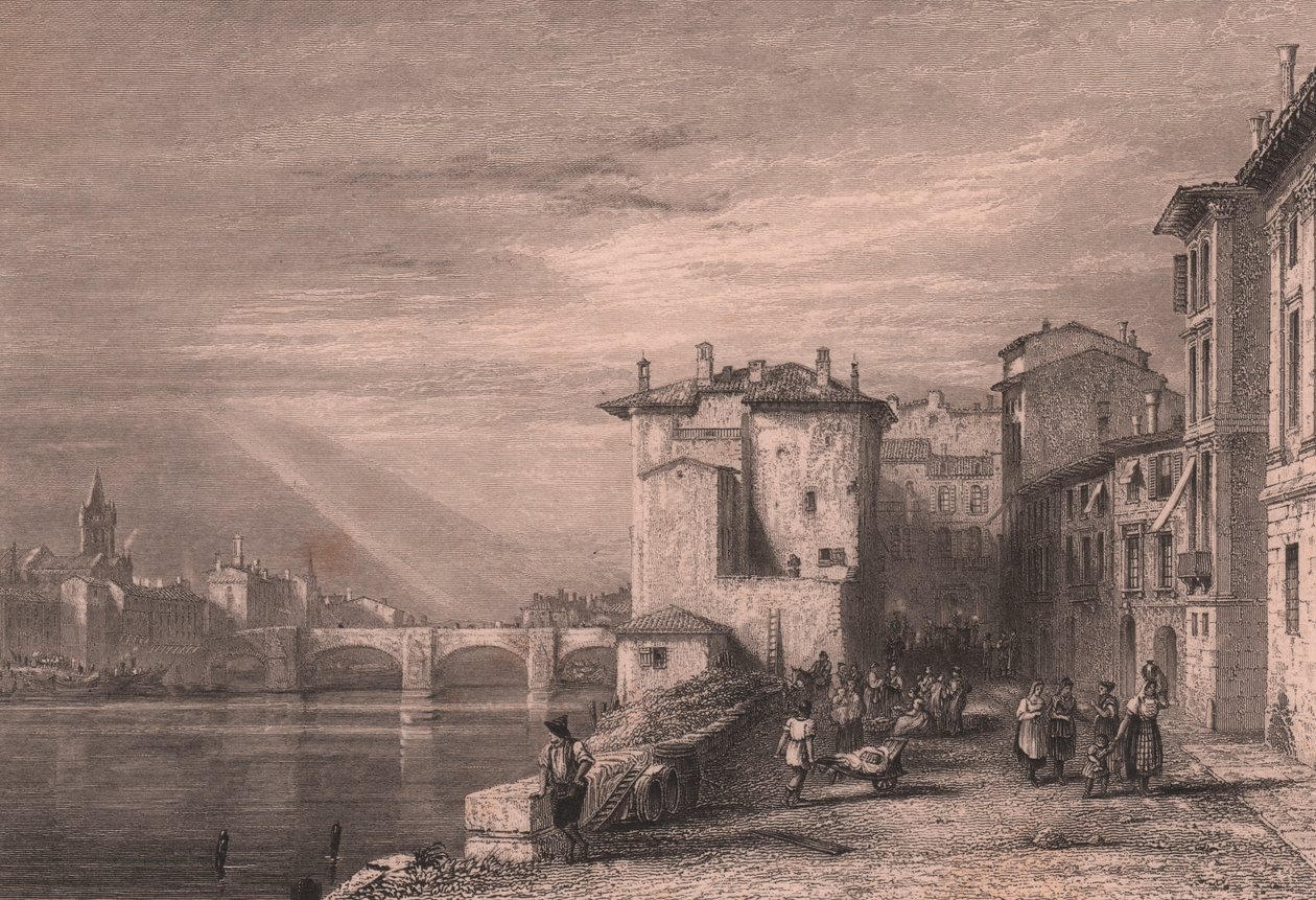 Verona látképe az Adige folyón, Veneto, Olaszország, Edward Francis Finden (1791-1857) acélmetszete Augustus Wall Calcott (1779-1844) rajza után, kb. 12x10 cm, 12x10 cm. alkotó: Edward Francis Finden