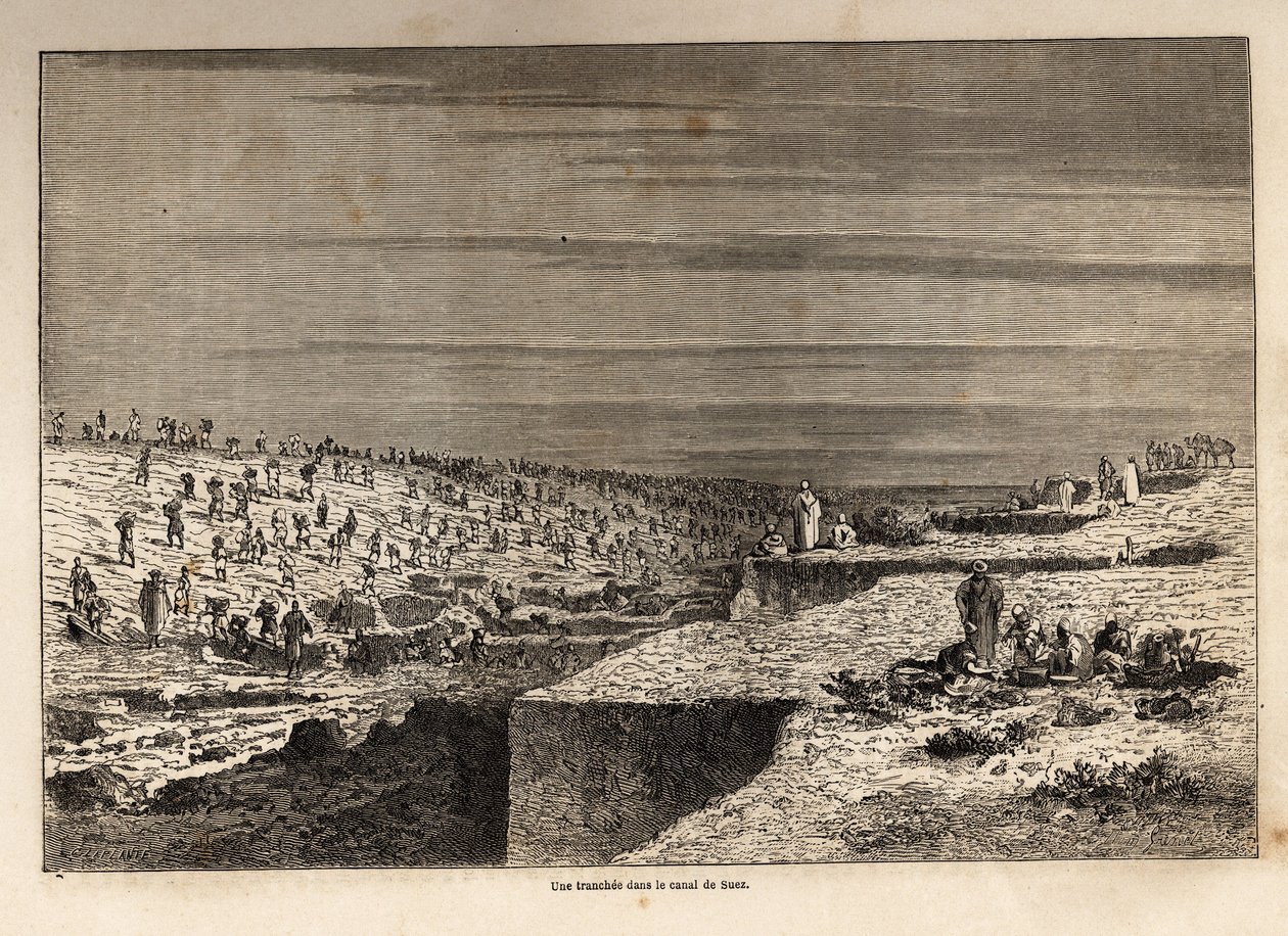 Egy árok a Szuezi-csatornában, Grenet rajza Paul Merruau 1862-es Szuezi-csatornához tett kirándulásának illusztrálására. Gravírozás a „Le tour du monde”-ban, szerkesztette Edouard Charton alkotó: Edward Grenet