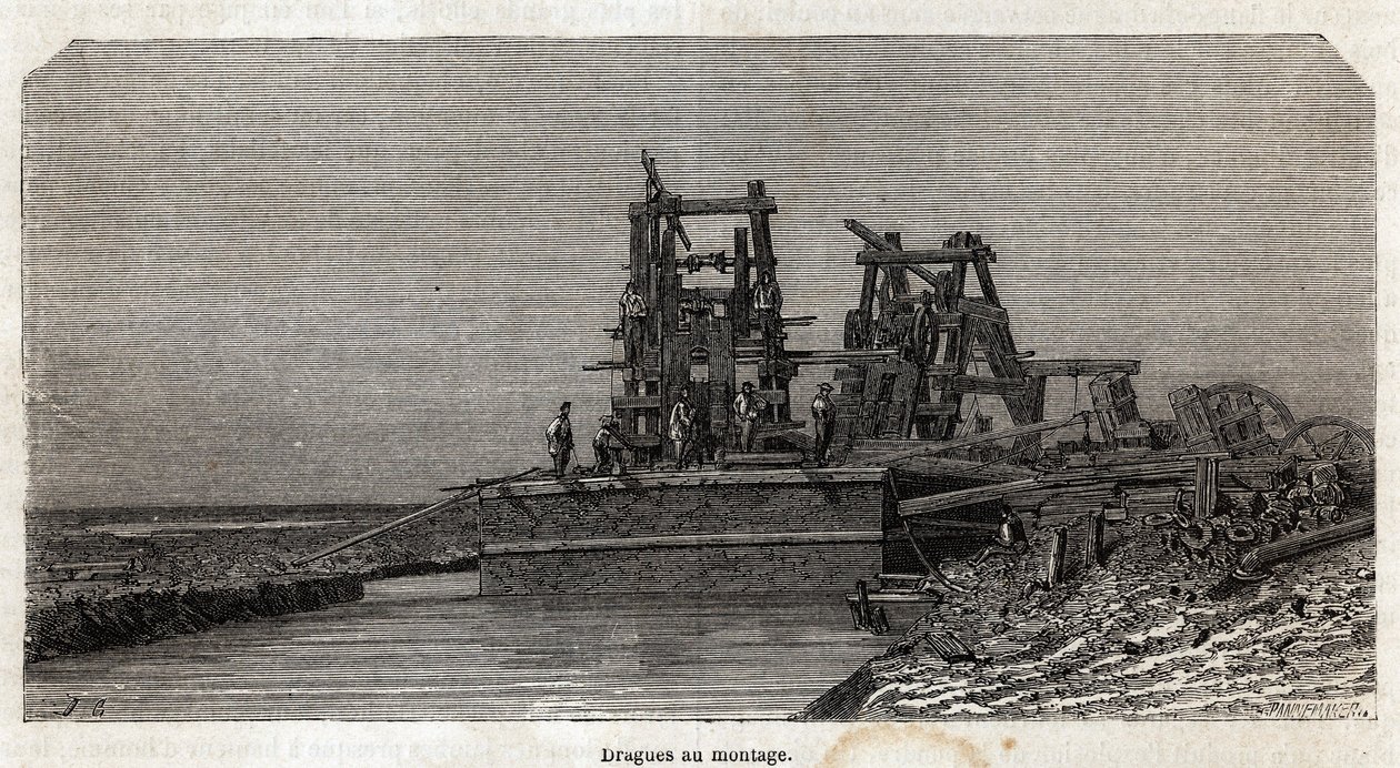Kotrók a Szuezi-csatornán, Grenet rajza, Paul Merruau 1862-es Szuezi-csatornához tett kirándulásának illusztrálására. Gravírozás a „Le tour du monde”-ban, szerkesztette Edouard Charton alkotó: Edward Grenet