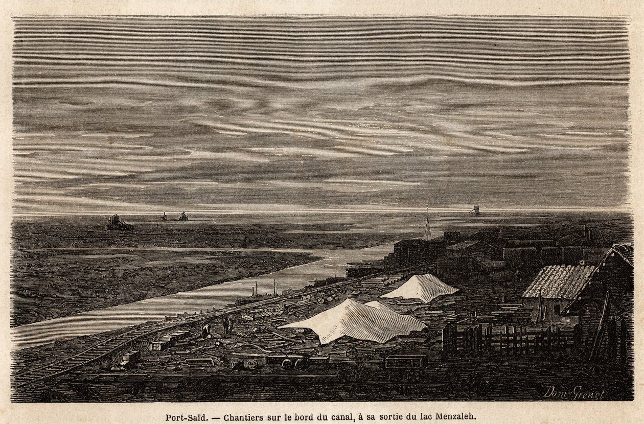 Port Said hajógyár a Szuezi-csatorna szélén, a Menzaleh-tó kijáratánál, Grenet rajza, Paul Merruau 1862-es Szuezi-csatornához tett kirándulásának illusztrálására. Gravírozás a „Le tour du monde”-ban, szerkesztette Edouard Charton alkotó: Edward Grenet