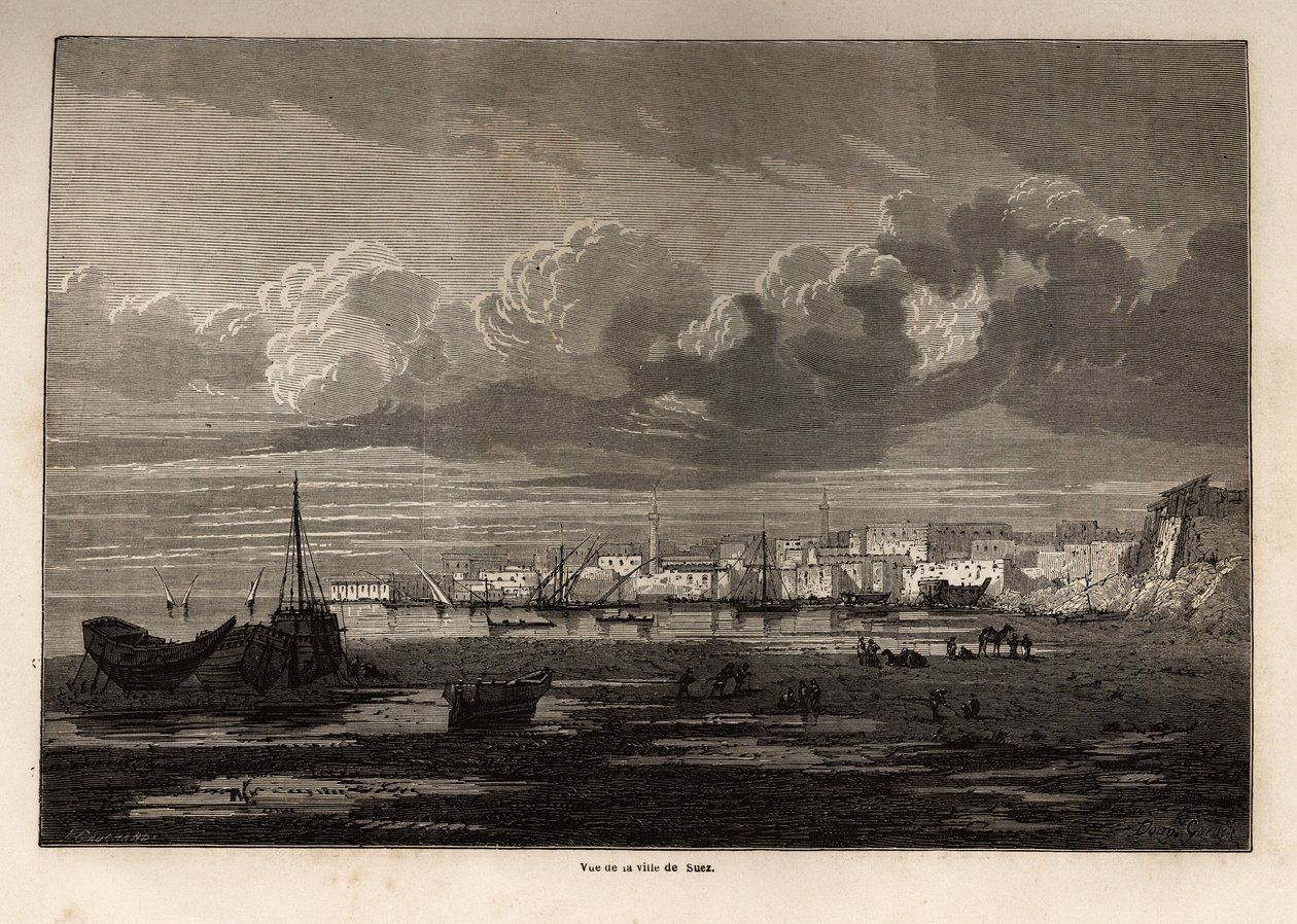 Szuez városának (Egyiptom) képe, Grenet rajza, Paul Merruau 1862-es Szuezi-csatornához tett kirándulásának illusztrálására. Gravírozás a „Le tour du monde”-ban, szerkesztette Edouard Charton alkotó: Edward Grenet