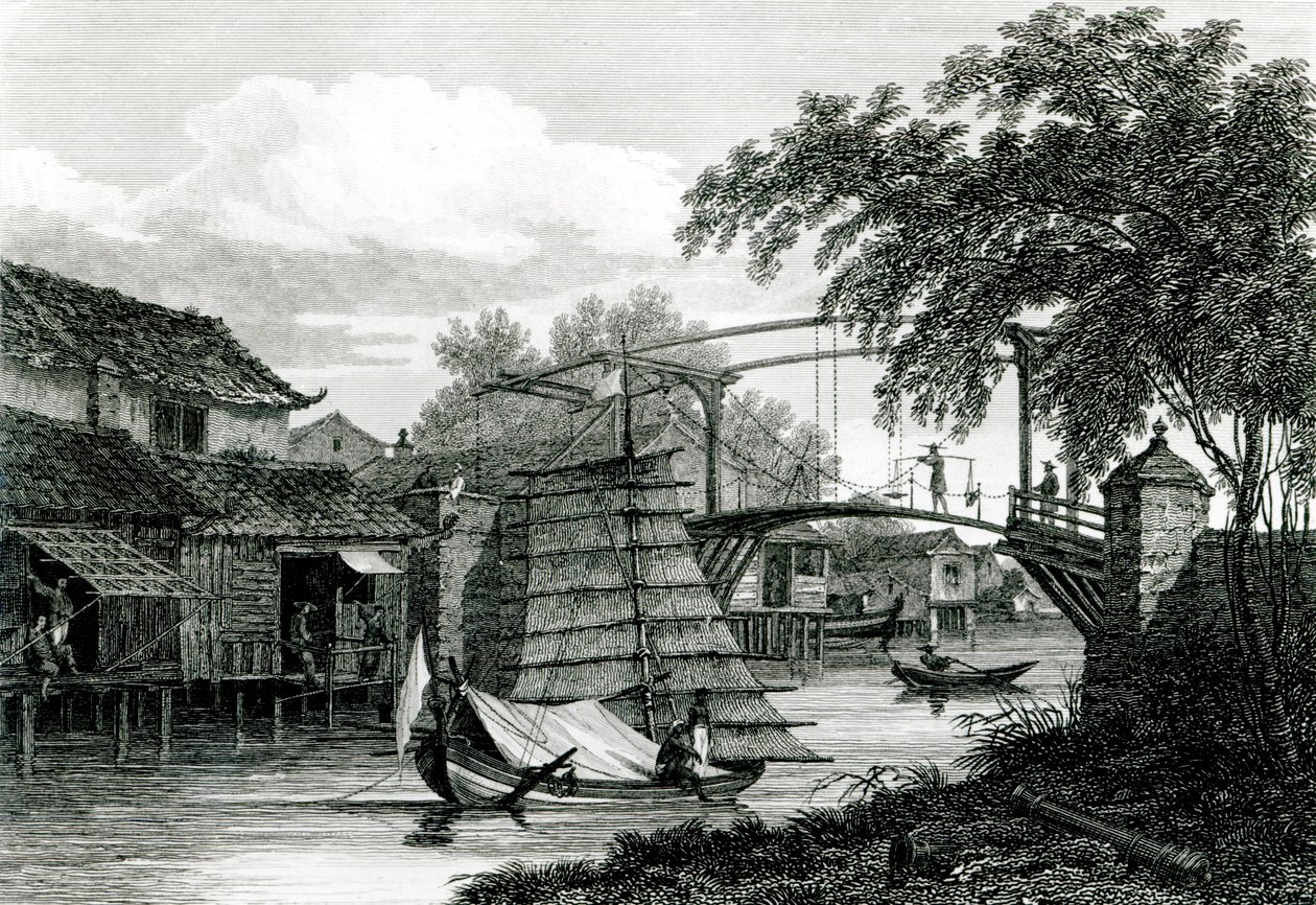 Felvonóhíd Malaccában, George Cooke metszete alkotó: Edward Hawke Locker