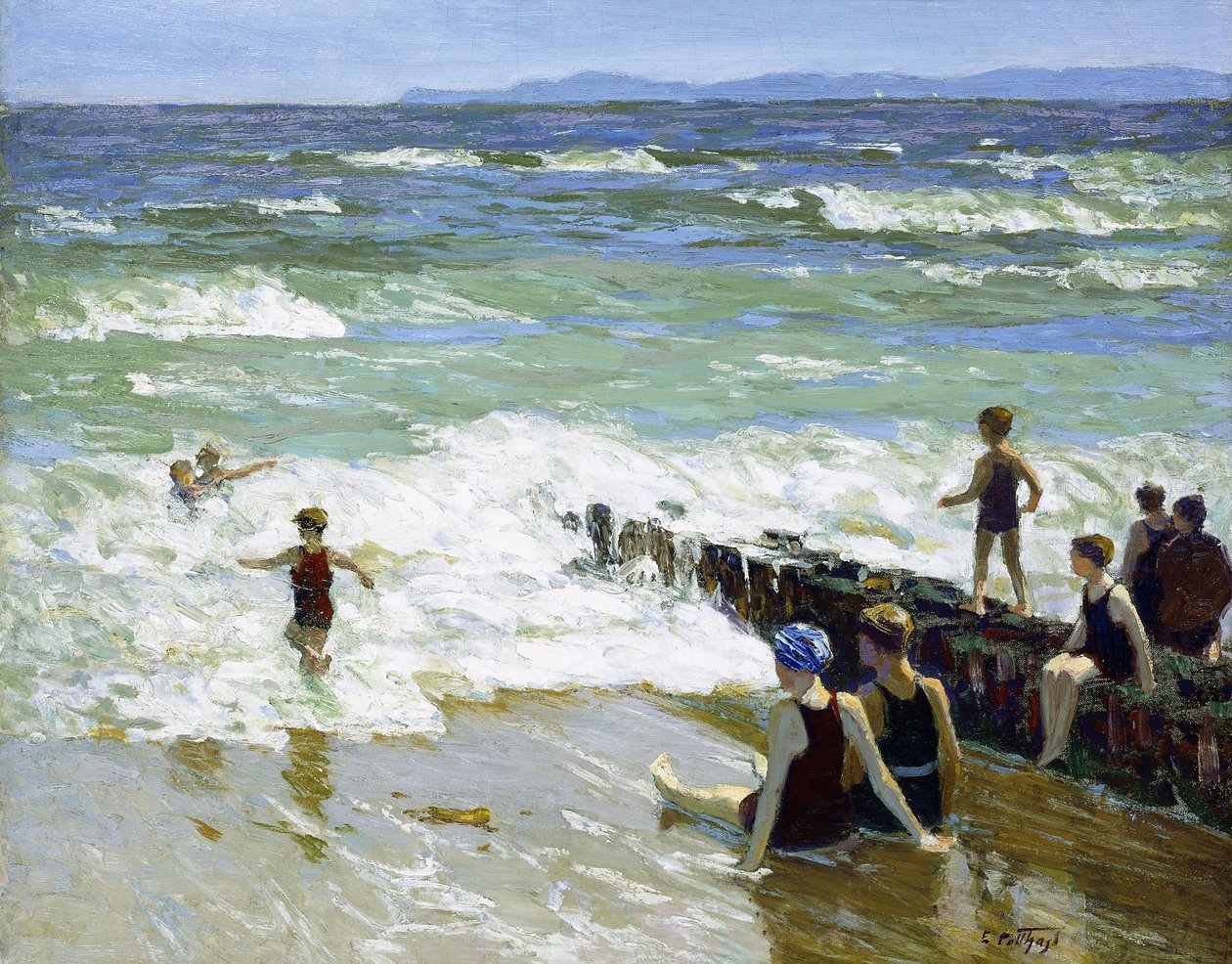 Fürdőzők a hullámtörőnél, alkotó: Edward Henry Potthast
