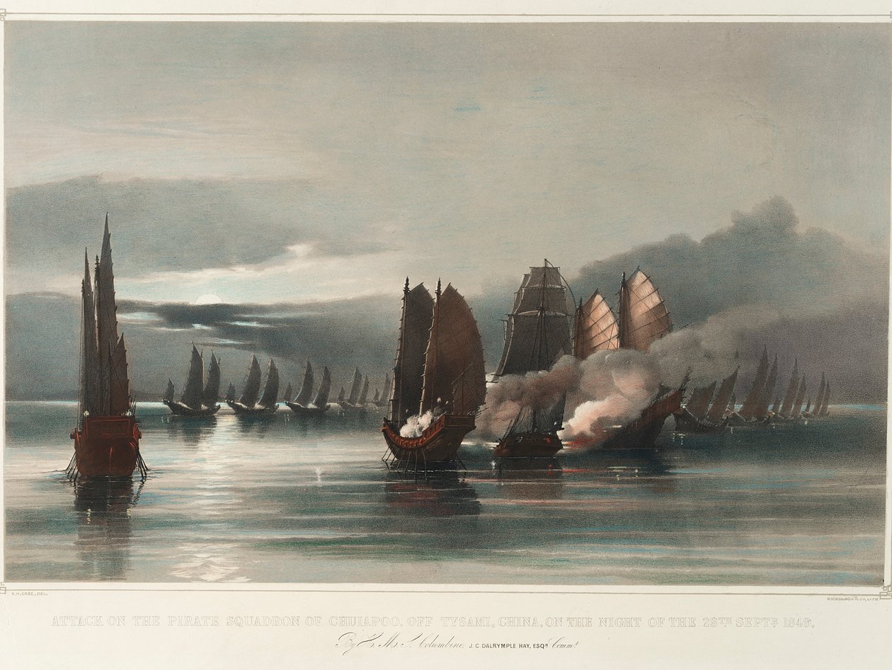 A HMS Columbine, J. C. Dalrymple Hay, Esqr, Commr, 1849. szeptember 28-án éjjel a kínai Tysami előtt a Chuiapoo kalózhajó ellen intézett támadás, 1849 körül (nyomtatás, litográfia, színezett) alkotó: Edward Hodges Cree
