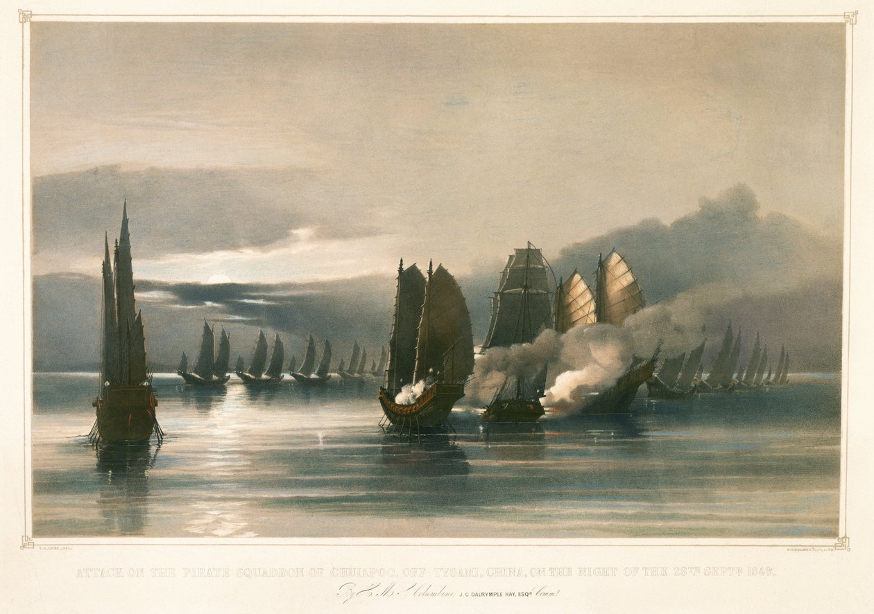 Támadás a Chuiapoo kalózhajó ellen, Tysami előtt, Kína, 1849. szeptember 28., 19. század közepe (litográfia) alkotó: Edward Hodges Cree